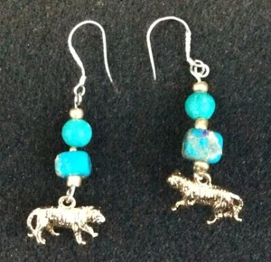Tiger with Blue Beads Earrings in Silver Heart Gift Box - Picture 1 of 3
