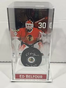 Beckett Ed Belfour Signed Blackhawks Puck Insr. "The Eagle" & Tall Display Case - Picture 1 of 11