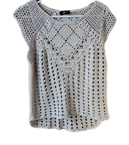 Crochet Sleeveless Top Beige 100% Cotton Size Large Boho Cruise Beach Coastal - Picture 1 of 5
