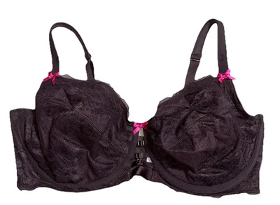 Cacique Bra 44DDD Brown Lace Unlined Curvy Balconette Underwire Pink Bows - Image 1 of 4