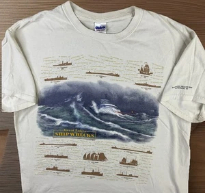 Vintage Great Lakes Shipwrecks T-Shirt AOP 90s Ships Boats Graphic Tee Men Sz L - Imagen 1 de 9