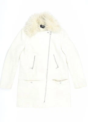 Abrigo largo de lana marfil con ribete de piel para mujer H&M, talla 10 Foto 1 de 4
