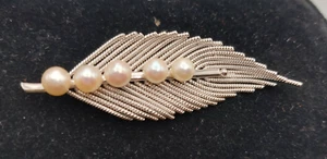 Vintage 5 Cultured Freshwater Pearl Pin Fern Leaf in Sterling Silver Wire 3" - Picture 1 of 4