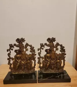 Antiguos sujetalibros victorianos de bronce con mantequilla para mujeres y niños en mármol verde - Imagen 1 de 16