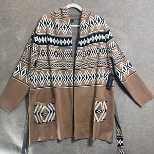 Rachel Zoe Cardigan Sweater Women 1X Long Aztec Southwest Pockets Belted Hooded - Picture 1 of 19