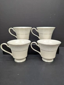 Ivory Fantasy Japan Floral Design Platinum Trim Footed 6 Oz Tea Cup Set of 4 - Picture 1 of 10