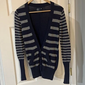American Eagle Cardigan Gray Navy Striped Women's Size XSmall Long Sleeves - Picture 1 of 6