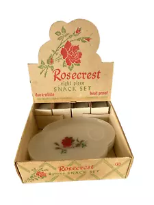 Rose Crest Milk Glass Snack Set Red Rose 4 Teacups 4 Plates Vintage with Box - Picture 1 of 7