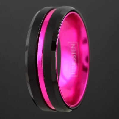 Black Tungsten Thin Pink Line Stripe Wedding Band Ring Breast Cancer Support - Image 1 of 4
