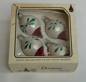4 Vintage Christmas By Krebs Teardrop Ornaments Hand Decorated Glass with Crowns - Picture 1 of 18
