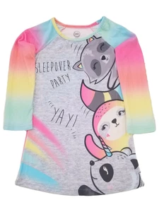 Girls Gray Pink & Rainbow Sleepover Party Raccoon Sloth Panda Nightgown XS (4-5) - Picture 1 of 2