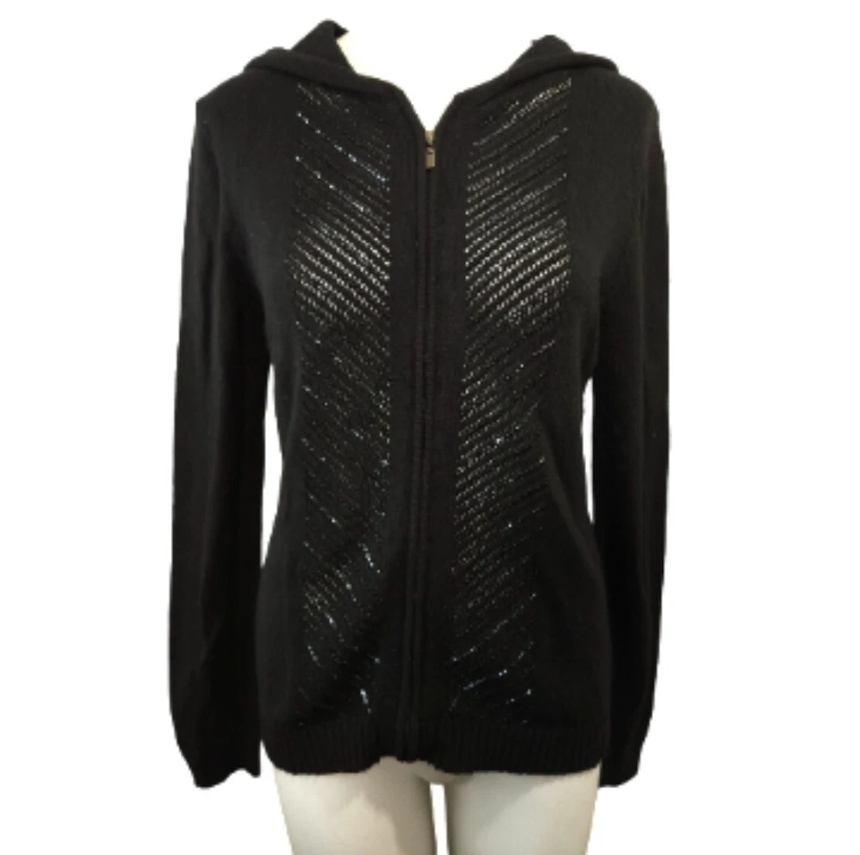 Jones New York Womens Sweater Jacket Sz M Black Hooded Bead Bling Full Zip Soft - Image 1 of 4