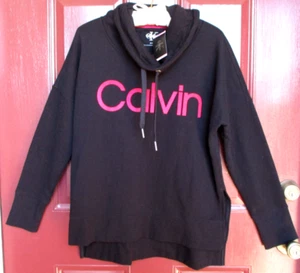 Calvin Klein Black LS Sweatshirt High Drawstring Neck Hi Lo Hem Side Slits NWT - Picture 1 of 5