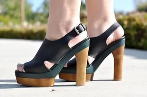 Marni x H&M Platform Heels 6 39 Slingback Wooden Block Leather Open Black Green - Picture 1 of 6