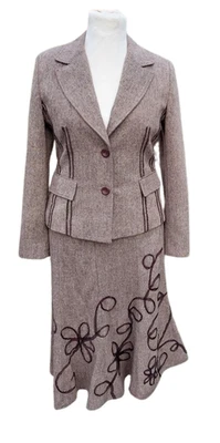 Occasion Designer Simon Jeffrey brown midi A-line skirt & jacket suit UK 14 — 第 1/4 张图片