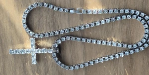 Silver Cross Pendant Tennis Chain Necklace Iced Out Rhinestone Unisex - Picture 1 of 7