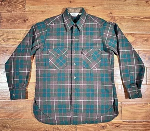 Vintage 70’s Woolrich Heavy Wool Flannel Shirt Jacket Sz L Green Brown 60’s - Picture 1 of 8