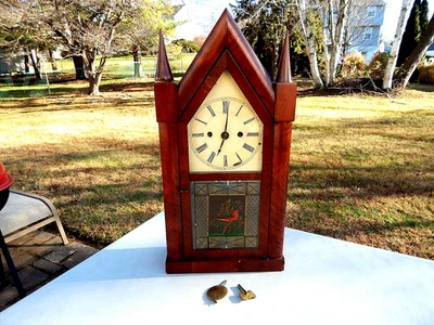 ANTIQUE SILAS B. TERRY  STEEPLE  CLOCK  WITH  HAND PAINTED BIRD FRONT GLASS - Image 1 of 4