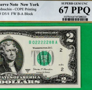 $2  FEDERAL RESERVE NOTE FANCY Serial Numbers B 02222288 A New York PCGS 67 PPQ - Picture 1 of 3