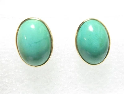 14K SOLID GOLD OVAL STUD EARRINGS W / BLUE NATURAL TURQUOISE / PIERCED EARS - Image 1 of 3