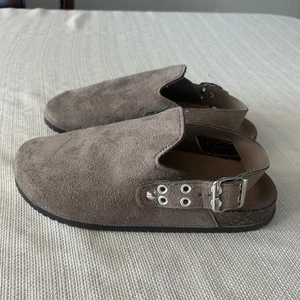 Zoccoli donna Sole Mates scamosciati taglia 9 marrone sughero plantare gomma suola fibbia - Foto 1 di 9
