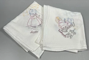 2 Machine Embroidered Tea Towels Pioneer Girl Doing Chores Sunday - Saturday - Picture 1 of 8