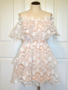 Nwt's Pretty Little Thing Women's 6 Ivory Off The Shoulder Bardot Tiered Dress - Imagen 1 de 23