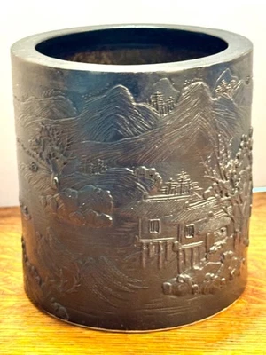 Qing Wang Bingrong Zuo Brush Pot, Bitong - Signed, Rare Black Grain Glaze - Image 1 of 4
