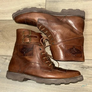 Aviator Leather Boots Men Size 9? Brown Ankle Buckles Structured Military Combat - Foto 1 di 9