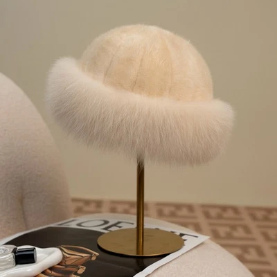 Sombrero de piel de visón real para mujer Sombrero de bombín Sombrero cálido Gorros Gorra de esquí con ala de piel de zorro Foto 1 de 4