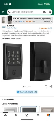Cerradura inteligente Schlage Encode plus Wi-Fi para puerta delantera, cerrojo de entrada sin llave, Unl Foto 1 de 4