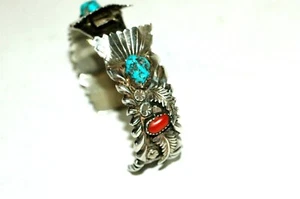 Vintage Ladies Turquoise Coral Watch Cuff Sterling Silver - Picture 1 of 8