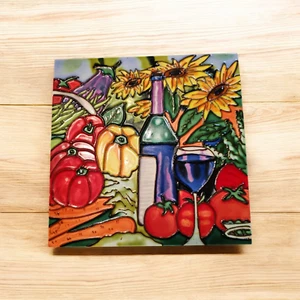 Piastrella ceramica dipinta sottopiumino verdure vino fiori piedistallo da appendere decorazione - Foto 1 di 5