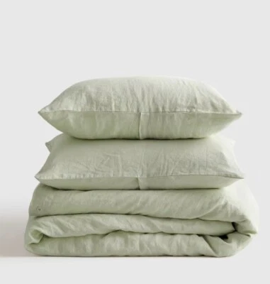 NWT QUINCE EUROPEAN LINEN KING CAL KING DUVET COVER SET SAGE 100% FLAX MSRP $210 - Image 1 of 4