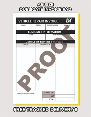 A5 DUPLICATE Invoice Receipt Pad VEHICLE REPAIR MECHANIC Service Book *FREE P&P* - Image 1 of 3