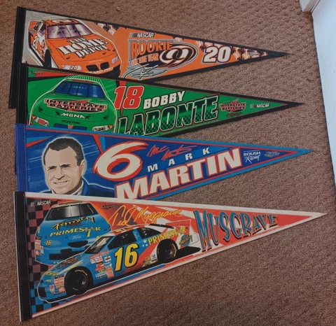 NASCAR 4 PENNANT LOT MARK MARTIN TONY STEWART +2  I SHIP FLAT CARDBOARD + SLEEVE Cover
