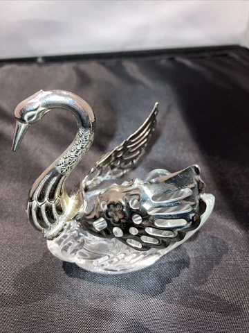 Birks Silver Plate and Glass Swan Salt Cellar With Movable Wings Cover