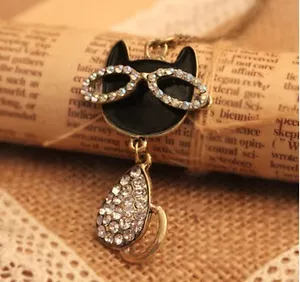 ADORABLE! Black Cat Crystal Glasses Pendant Long Bronze Sweater Chain Necklace!! - Picture 1 of 1