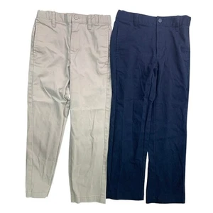 2 New Cat & Jack Girls 7 Cotton Blend Adjustable Waist Straight Khaki Navy Pants - Picture 1 of 3