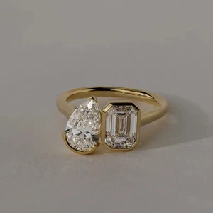 2.20CTW Emerald & Pear Cut Bezel Set Real Moissanite Toi Et Moi Engagement Ring - Picture 1 of 15