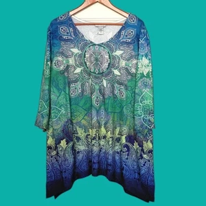 Catherines Geometric Print 3/4 Sleeve Knit Blouse Sharkbite Hem Boho 2X Paisley - Picture 1 of 10