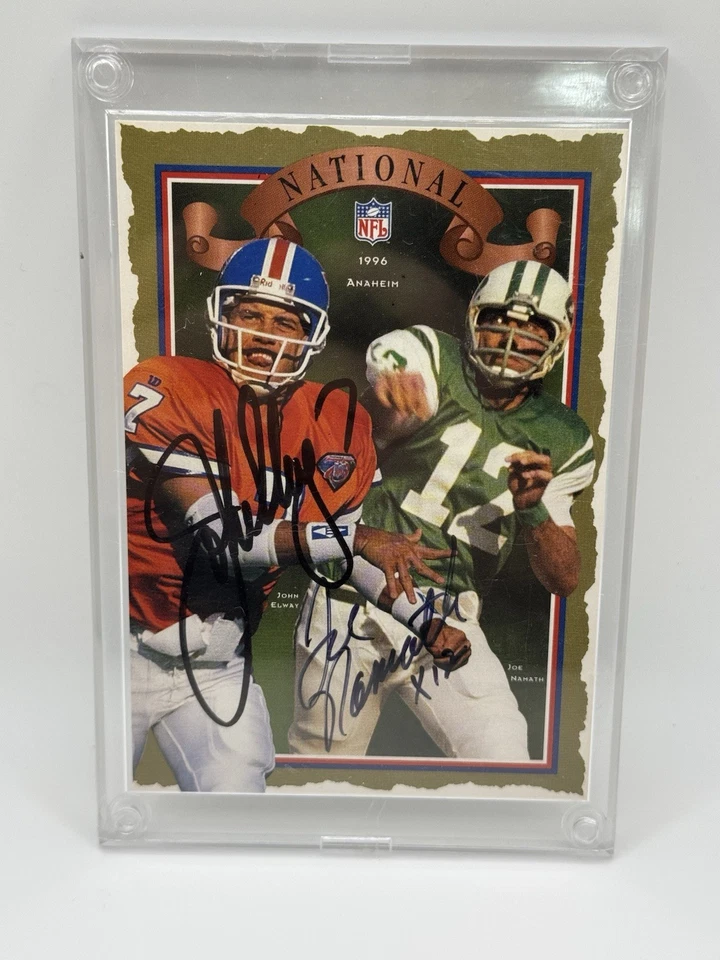 1996 NATIONAL SCC JOHN ELWAY JOE NAMATH AUTOGRAPHED CARD #284/300 NEAR MINT - Image 1 of 4