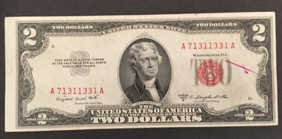 1953 B $2.00 TWO DOLLAR RED SEAL NOTE wide left margin nice circulated - Image 1 of 2