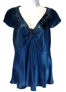 Nine West Silk & Velvet Blue Top with Beaded Accents Size 2 New with Tags - Picture 1 of 5