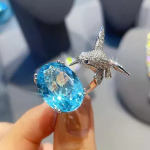 New Hummingbird 15mm Oval Blue Topaz Gemstone Special Women Luxury Silver Ring - Picture 1 of 6