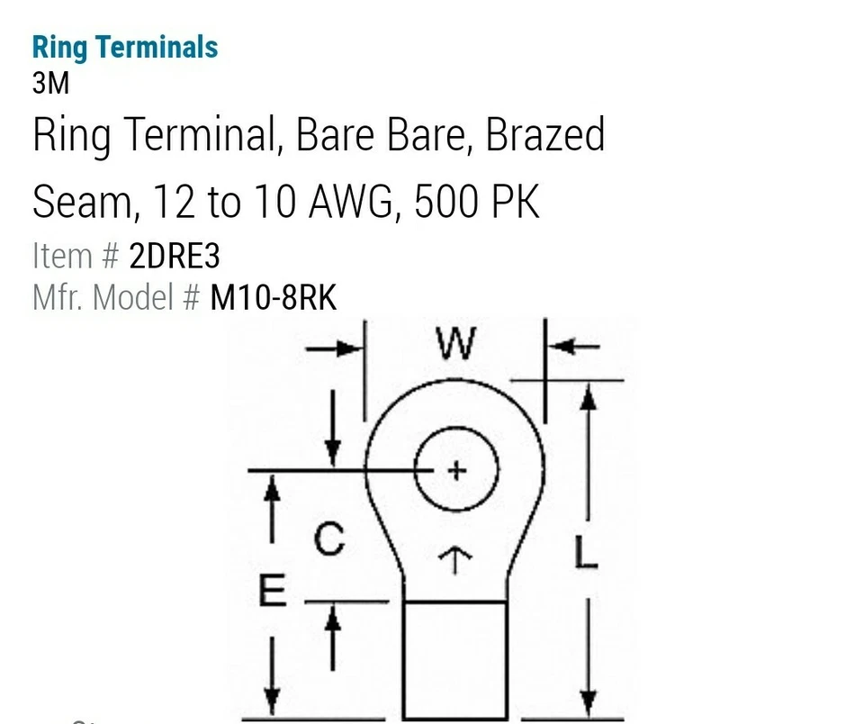 3M M10-8Rk 12-10 Awg Non-Insulated Ring Terminal #8 Stud Pk500 - Image 1 of 4