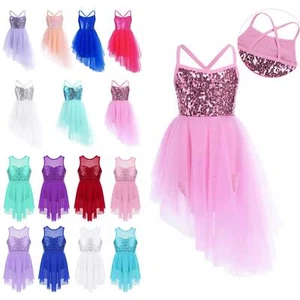 Kids Girl Lyrical Dance Costume Shiny Sequins Irregular Cut Ballet Dress Leotard - Picture 1 of 89