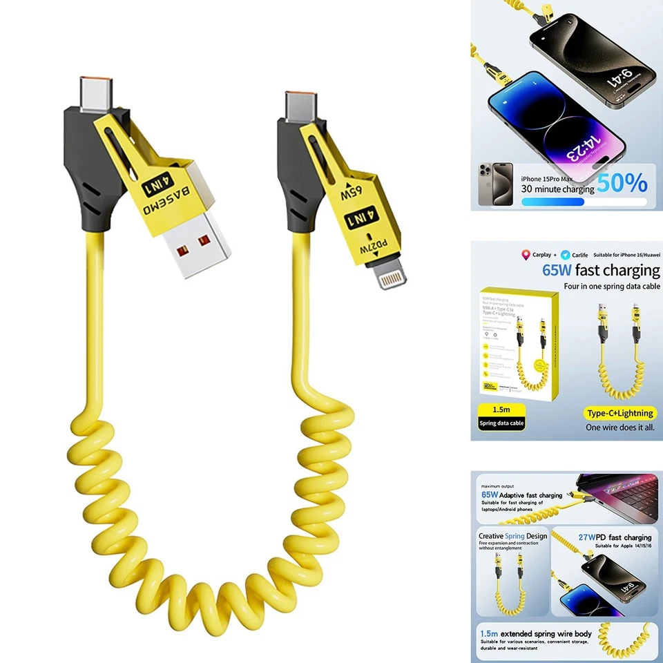 4in1 USB/Type-C Spring Cable Charger For iPhone 17 16 15 14 Samsung S25 S24 S23+ - Image 1 of 4