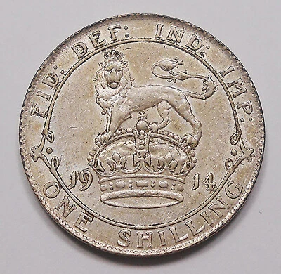 Great Britain 1914 SILVER Shilling VF-XF HIGH Grade BEAUTY George V UK Lion Coin - Image 1 of 2