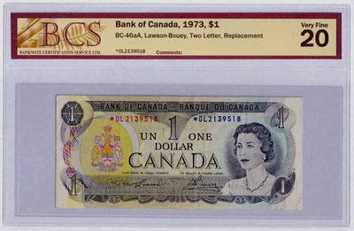 Canada $1 1973 BC-46aA / P-85a(1) BCS CERTIFIED  REPLACEMENT  VF20  *OL2139518 - Image 1 of 3